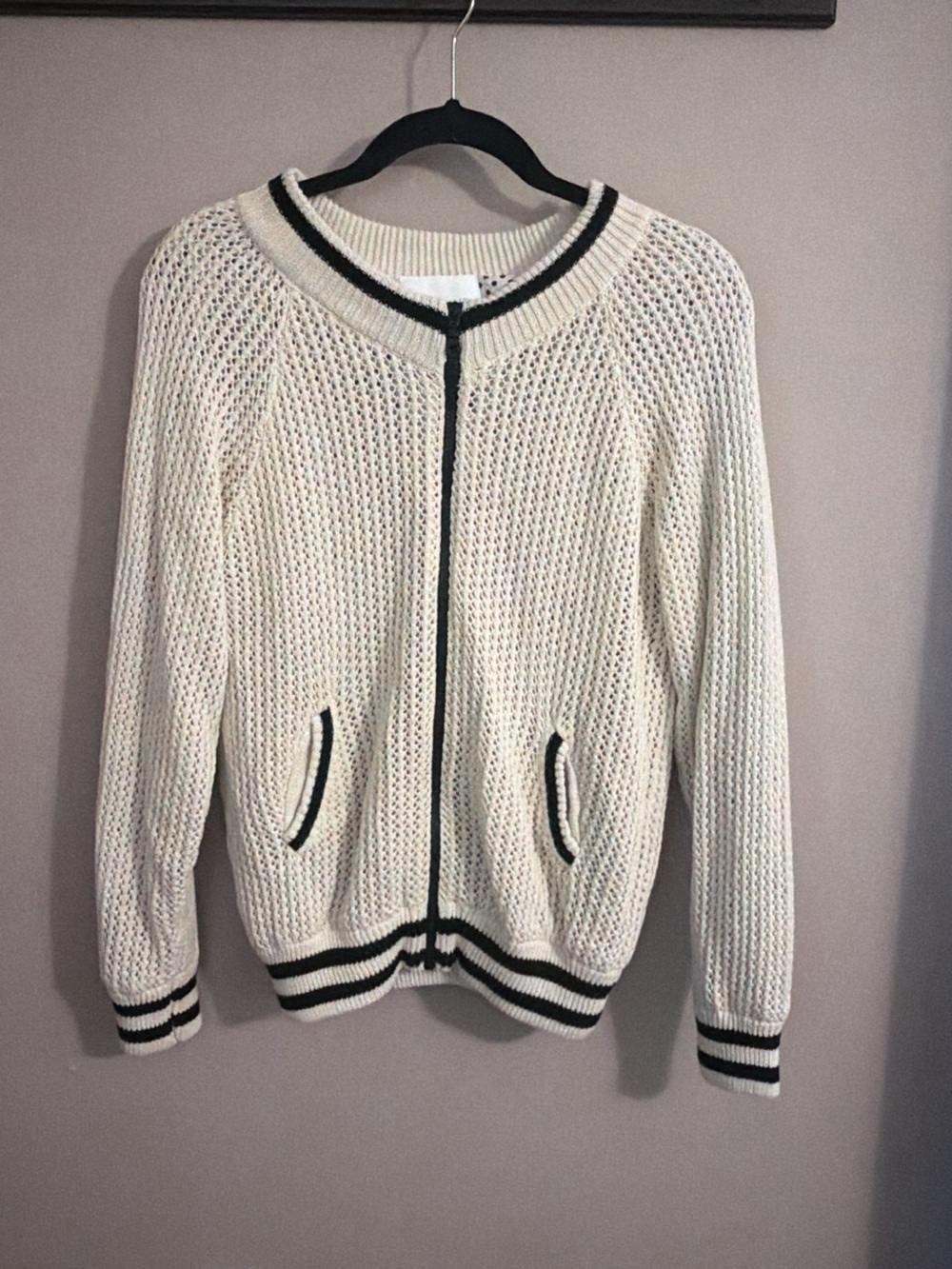 Piperlime Cream Knit Zip Cardigan with Black Trim